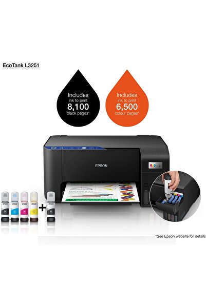 EPSON Ecotank L3251 Home Ink Tank Printer A4, Colour, 3-In-1 With Wifi And Smartpanel App Connect