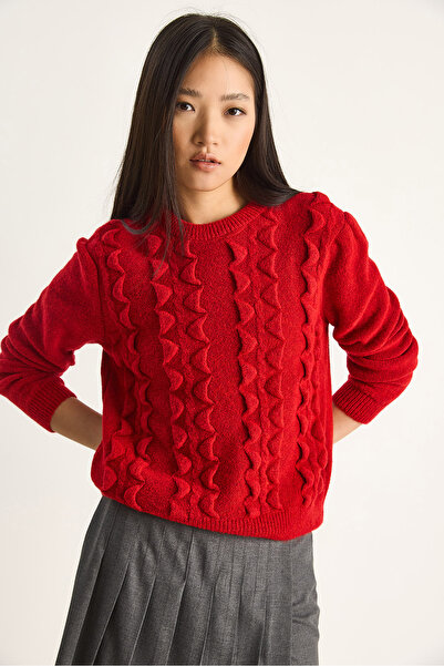 Bianco Lucci Women's Crew Neck Ruffled Soft Knitwear Sweater 60261184