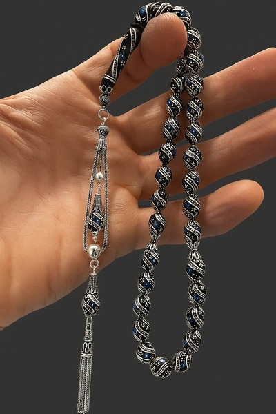 Home 925 Ayar Gümüş Püsküllü Firuze Işlemeli Erzurum Oltu Taşı Tesbih