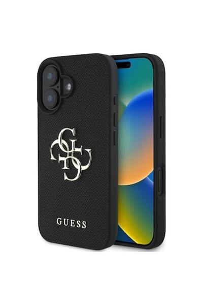 Stef's Cat Husă pentru iPhone 16, Hardcase Grained Big 4G Logo Small Classic Logo, Piele ecologică, Negru