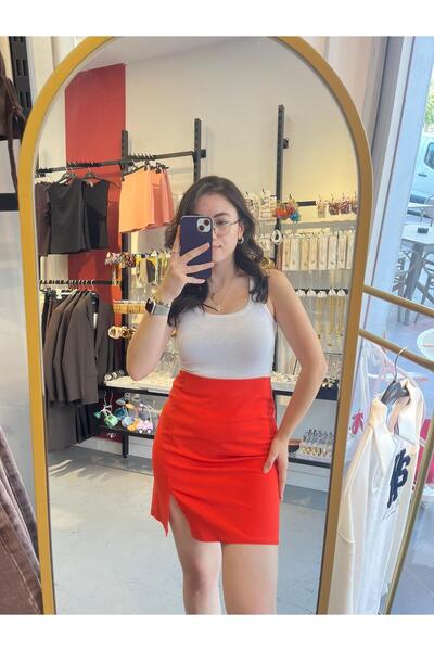 Betül Nayir Fusta mini cu detaliu cu fante - Portocaliu