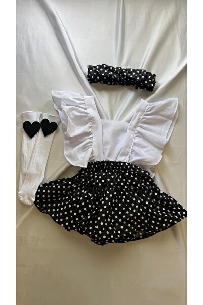 Al Ver Gülüm Kız Çocuk Siyah Puantiye Salopet Bandana Ve Çorap Set