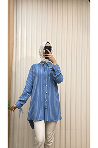 MERVE TESETTÜR Туніка зі шнурівкою на рукавах, оздобленим коміром та довгою с...