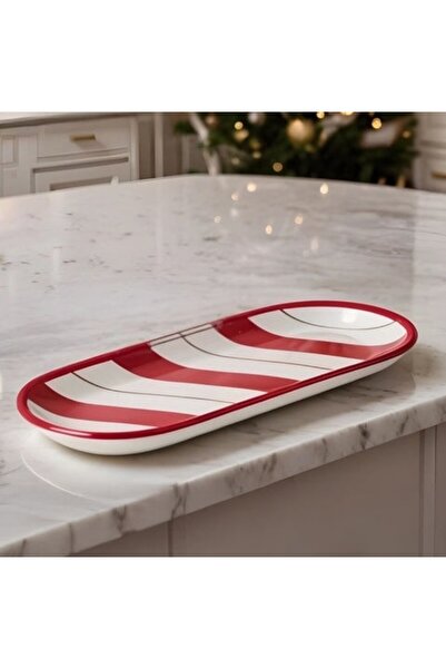 Karaca New Year Christmas Candy, Stripe Serving Platter, 28cm, Red