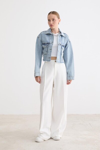 LEVURE Kadın Crop Denim Ceket KAR YIKAMA