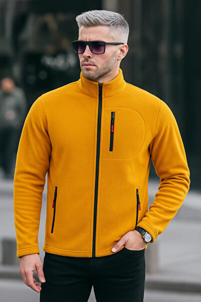 COMBİNE MİCHAİL Men's Zippered Winter Loose Yellow Fleece Jacket