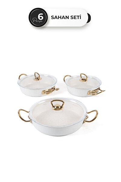 Homekolik 6 Piece Granite Glass Lid White Metal Handle Set 18-20-22 cm – Gold Handle, Stylish & Practical