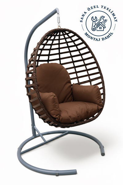 Niron Royal Kahverengi Rattan Tekli Salıncak – Bahçe ve Balkon Salıncağı – Me...