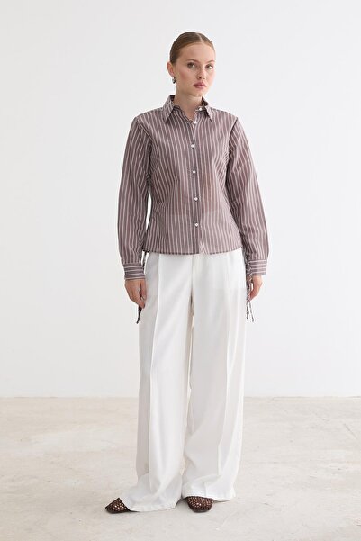 LEVURE Women's Side Gathered Lace-Up Striped Shirt Brown