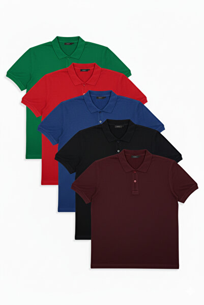 akyıldız iş elbiseleri Pachet de 5 tricouri pentru bărbați, NEGRU-BORDO-ROSU-ALBASTRU-VERDE, BUMBAC, LACOST PLAIN, Gât polo