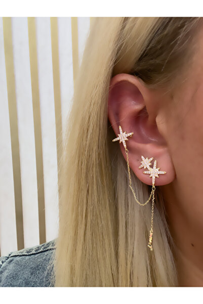 Hicrans Takı TASARIM TAŞLI YILDIZLI SALLANTILI MODEL EAR CUFF KIKIRDAK KÜPE