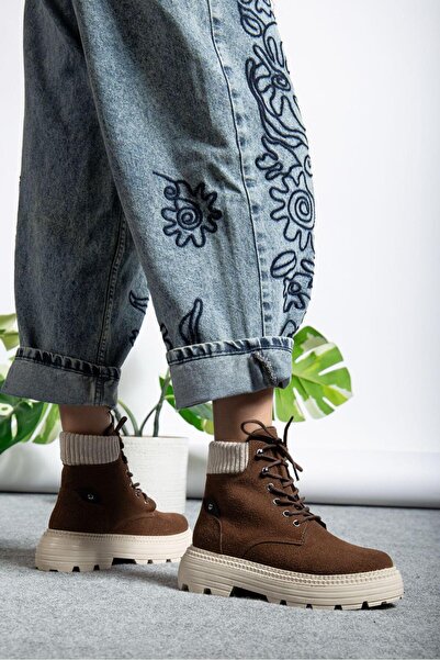 motto store Acı Kahve Süet Lastikli Bağlamalı Düz Taban Kadın Bot