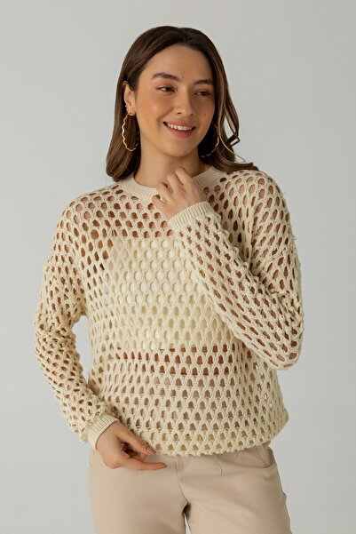 KaSheHa Kadın Bej Uzun Kol Yuvarlak Yaka Ajurlu Salaş Kaşındırmaz Crop Triko ...