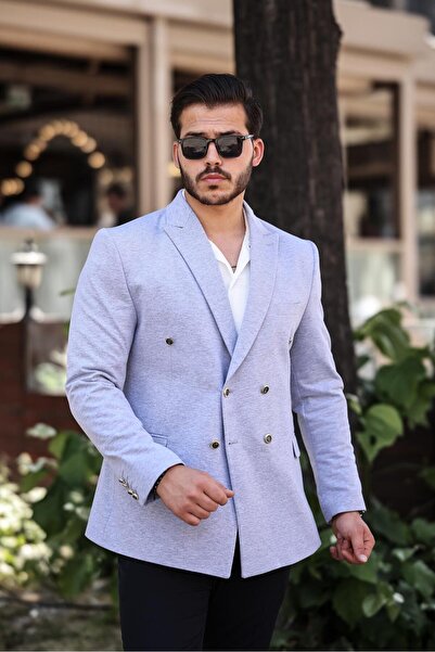 SABRİ ZENGİN Erkek Gri Slim Fit Penye Kumaş Kruvaze Ceket