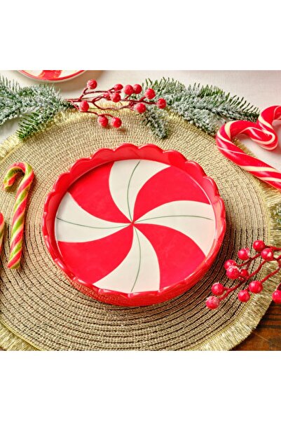 Karaca New Year Christmas Candy, Stripe Cake Plate, 20.5cm, Red