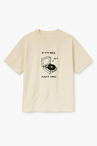 Altair Tr Oversize Beige Unisex if It's Nice Play It Twice Record Printed T-Shirt