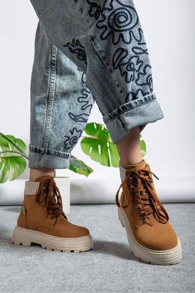 motto store Tan Suede Elastic Lace-Up Flat Sole Women's Boots