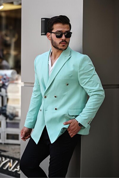 SABRİ ZENGİN Erkek Mint Slim Fit Penye Kumaş Kruvaze Ceket