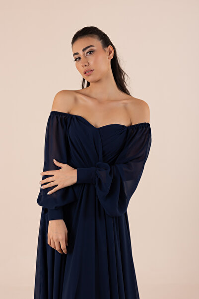 berissima bride Lona Kalp Yaka Drapeli Şifon Kloş Abiye Elbise