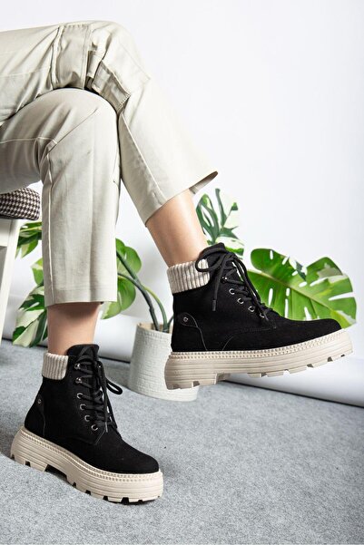 motto store Black Suede Elastic Lace-Up Flat Sole Women's Boots