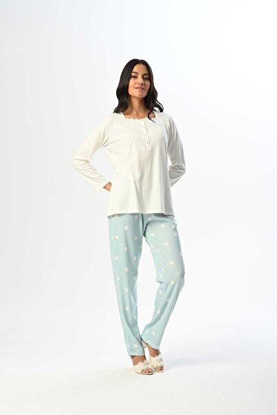 Lohussa Kadın Mavi Puantiyeli Önden Düğmeli Kışlık Özel Tasarım Hamile Lohusa Sabahlık Pijama Takımı Seti