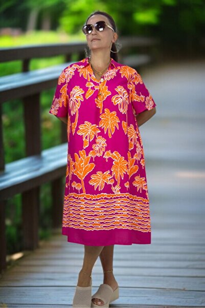 yagmurberen Palm Patterned Polo Collar Short Sleeve Relaxed Fit Medium-Length Cotton Viscose Plus Size Dress
