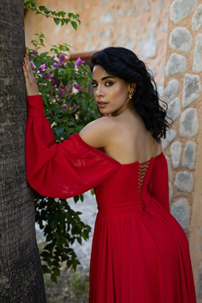 berissima bride Lona Kalp Yaka Drapeli Şifon Kloş Abiye Elbise