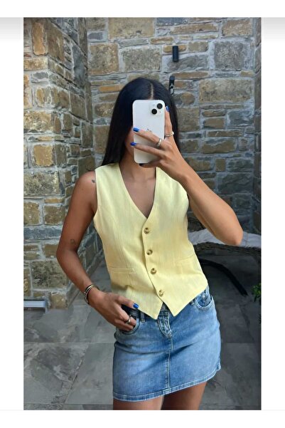 lovmi Women's V-Neck Buttoned Lined Linen Vest