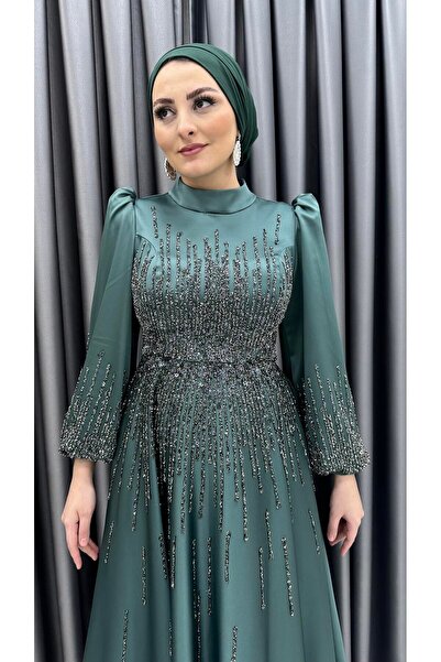 MERVE TESETTÜR فستان سهرة من الساتان المطرز بالخرز بأكمام بالونية مطرزة مع جيوب