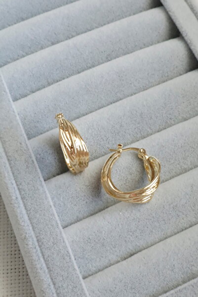 DEMOKAN Kadın Küpe Kararmaz 14k Renk Vip Seri Çizgi Dalga 2cm Halka Küpe