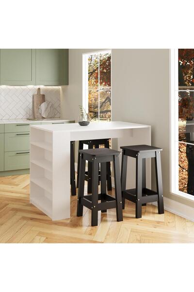 Bimossa Pablo G4931 4 Adet Siyah Tabureli Beyaz Bar Masası 4 Raflı Açık Depolamalı Çok Amaçlı Mutfak Masası