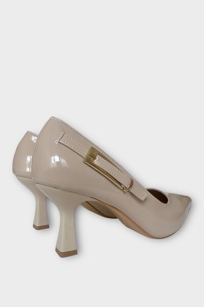 Liger Women's Patent Leather Side Band Detailed Heeled Shoes Beige