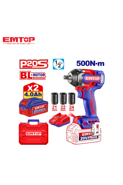 EMTOP 20V Cordless Drill with Hammer Function - 2 Batteries + Accessory Kit