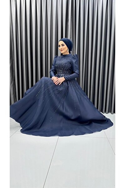 MERVE TESETTÜR İnci Ve Boncuk Detaylı Etek Geniş Pileli Tarlatanlı Tafta Abiye