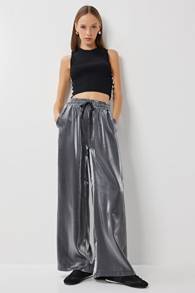 Happiness İstanbul Women's Anthracite Shiny Surface Woven Trousers with Pockets An00265