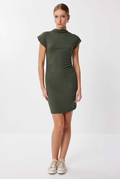 Happiness İstanbul Women's Khaki Shirred Wrap Flexible Knitted Mini Dress Ub00415