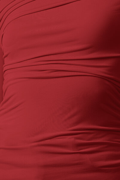 Trendyol Collection Red Gather/Drape Detail Fitted/Slim Fit Long Sleeve Stretchy Knit Blouse Twoaw25Bz00248