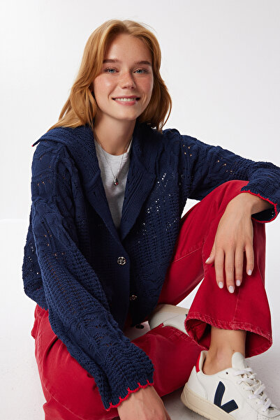 Happiness İstanbul Women's Beige Contrast Stripe Knitwear Cardigan Mx00267