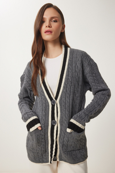 Happiness İstanbul Women's Gray Contrast Color Knitted Knitwear Cardigan Yy00229
