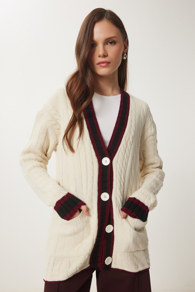 Happiness İstanbul Women's Cream Contrast Color Knitted Knitwear Cardigan Yy00229