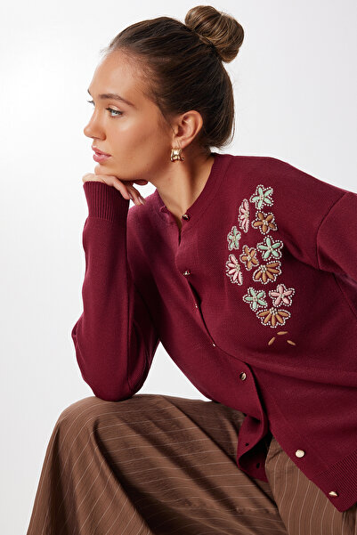 Happiness İstanbul Women's Burgundy Embroidered Beaded Knitwear Cardigan Nx00009