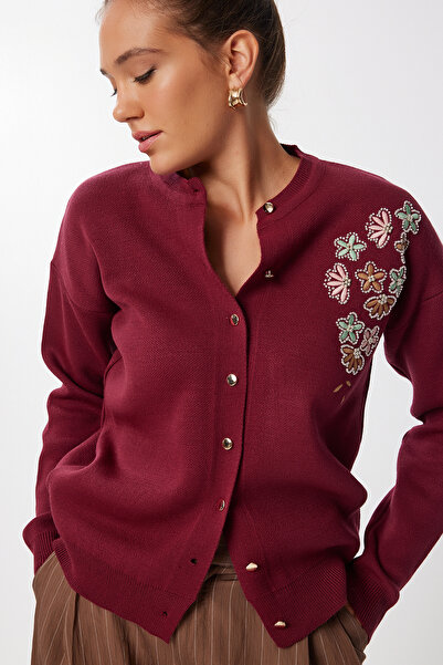 Happiness İstanbul Women's Burgundy Embroidered Beaded Knitwear Cardigan Nx00009