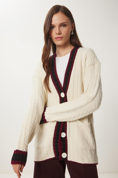 Happiness İstanbul Women's Cream Contrast Color Knitted Knitwear Cardigan Yy00229