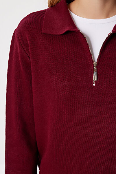 Happiness İstanbul Women's Burgundy Zippered Collar Basic Knitwear Sweater Pf00122