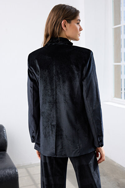 Trendyol Collection Black Double Breasted Regular/Normal Fit Woven Velvet Blazer Jacket Twoaw26Bc00015