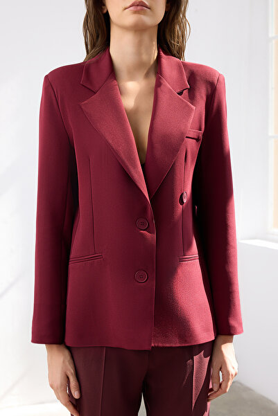 Trendyol Collection Burgundy Double Closure Button Detailed Woven Blazer Jacket Twoaw26Bc00014