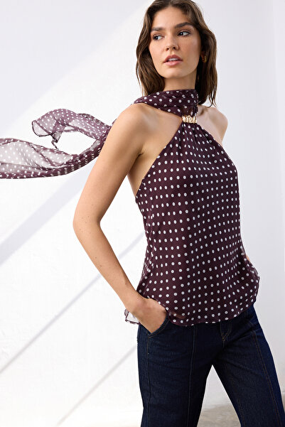 Trendyol Collection Dark Burgundy Polka Dot Halter Neck Gold Accessory Detail Woven Stylish/Night Blouse Tpraw26Bz00050