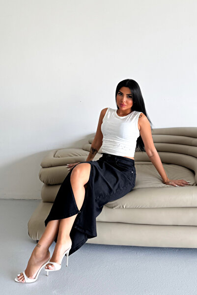 HLT JEANS Siyah Kadın Regular Fit Yüksek Bel Uzun Maxi Boy Denim Kot Etek MER...