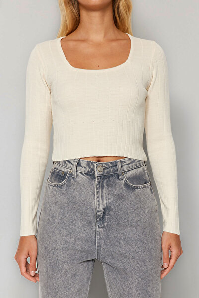 Trendyol Collection Čtvercový límec Stone Knitwear Crop Svetr - TWOAW24KZ01199