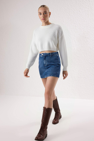 Trendyol Collection Dark Blue More Sustainable High Waist Mini Denim Shorts Skirt Twoss25Sr00079